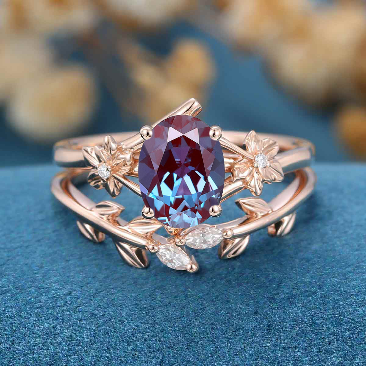 Oval cut Lab Alexandrite | Diamond Engagement Ring Bridal Set - Image 3