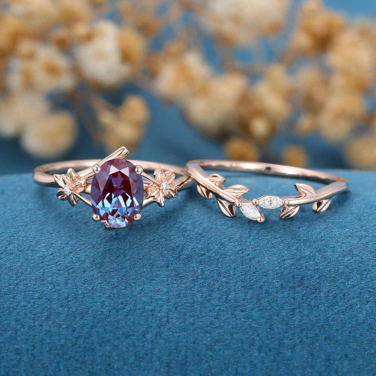 Oval cut Lab Alexandrite | Diamond Engagement Ring Bridal Set - Image 4