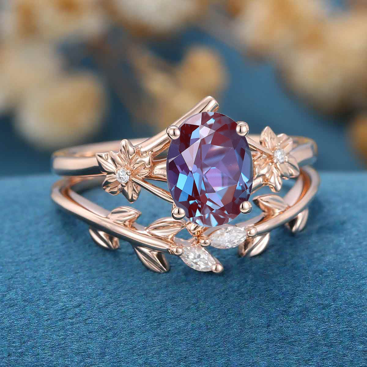 Oval cut Lab Alexandrite | Diamond Engagement Ring Bridal Set - Image 5