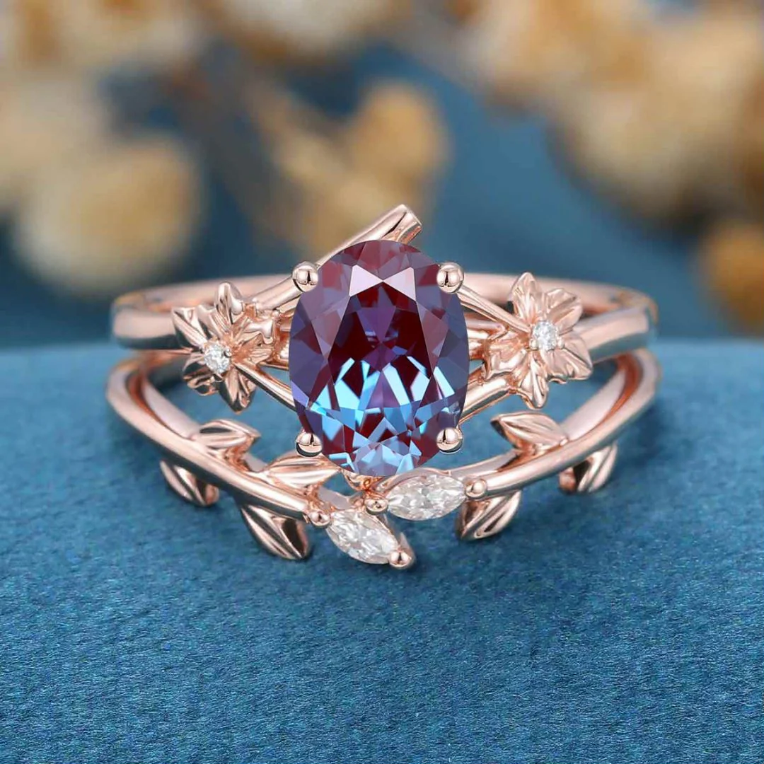 Oval cut Lab Alexandrite | Diamond Engagement Ring Bridal Set - Image 6