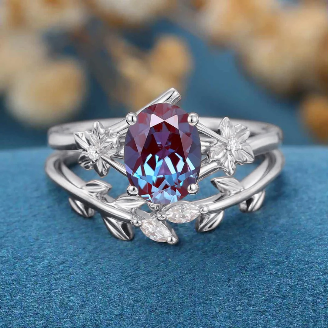 Oval cut Lab Alexandrite | Diamond Engagement Ring Bridal Set - Image 7