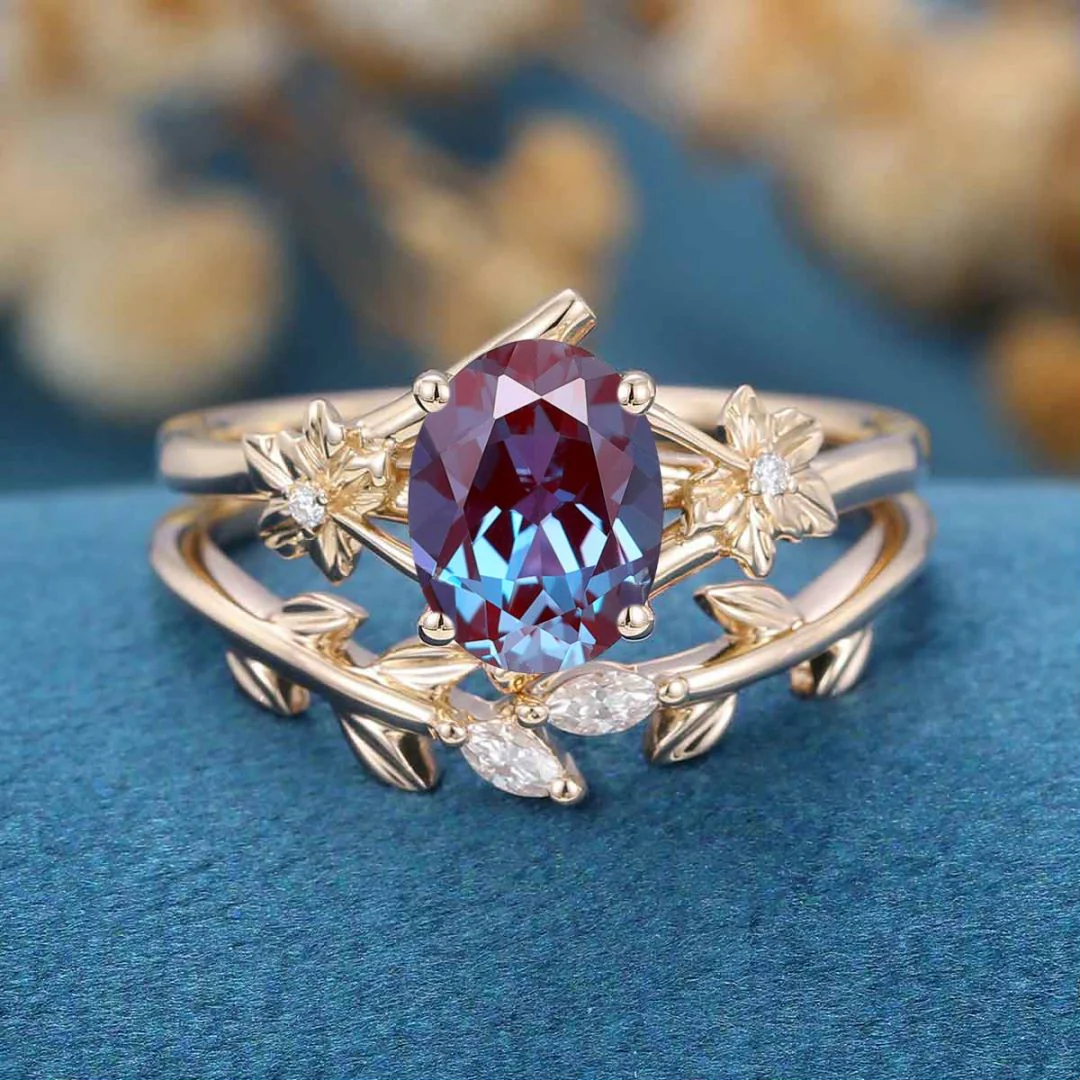 Oval cut Lab Alexandrite | Diamond Engagement Ring Bridal Set - Image 8