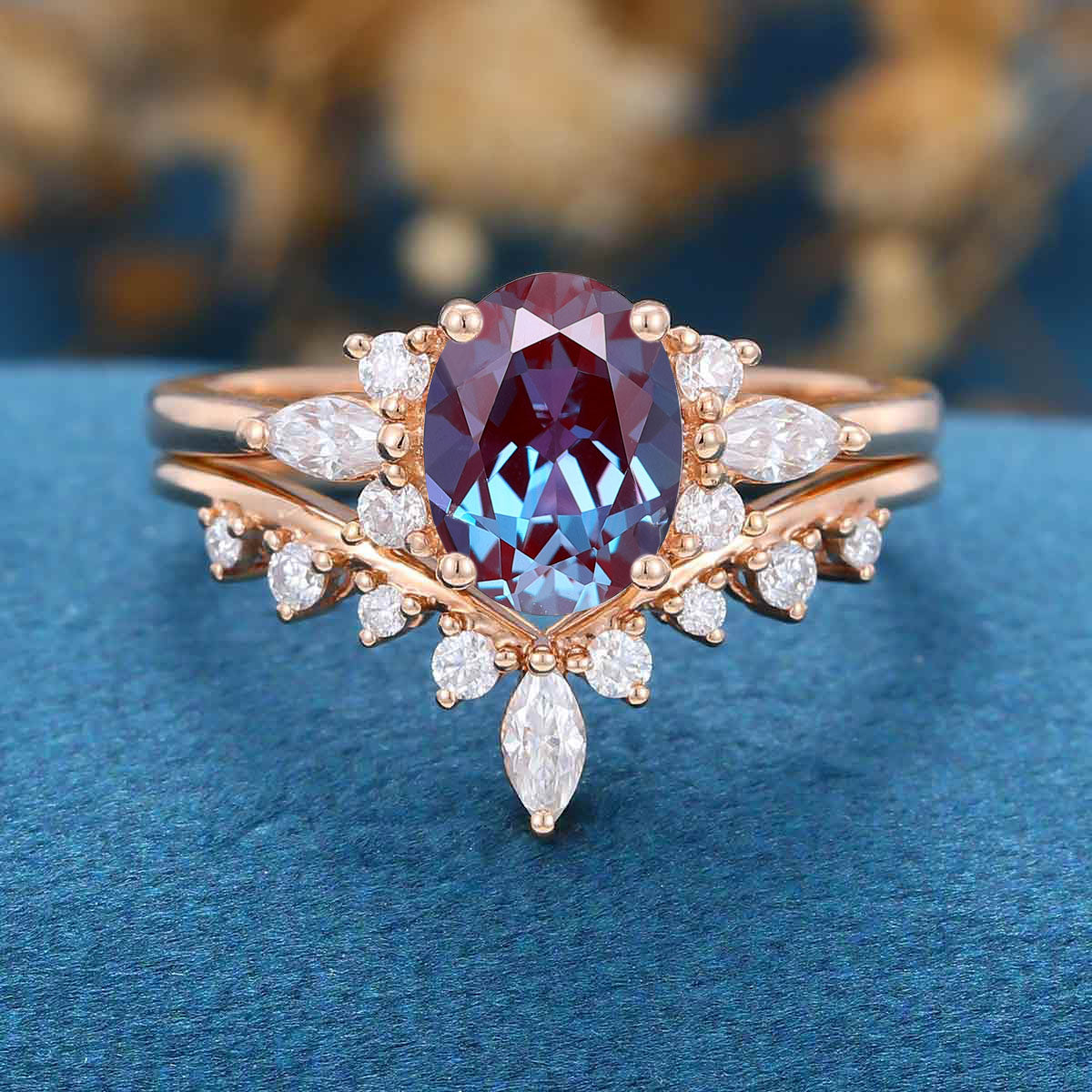 Oval cut Lab Alexandrite | Diamond ring set - Image 4