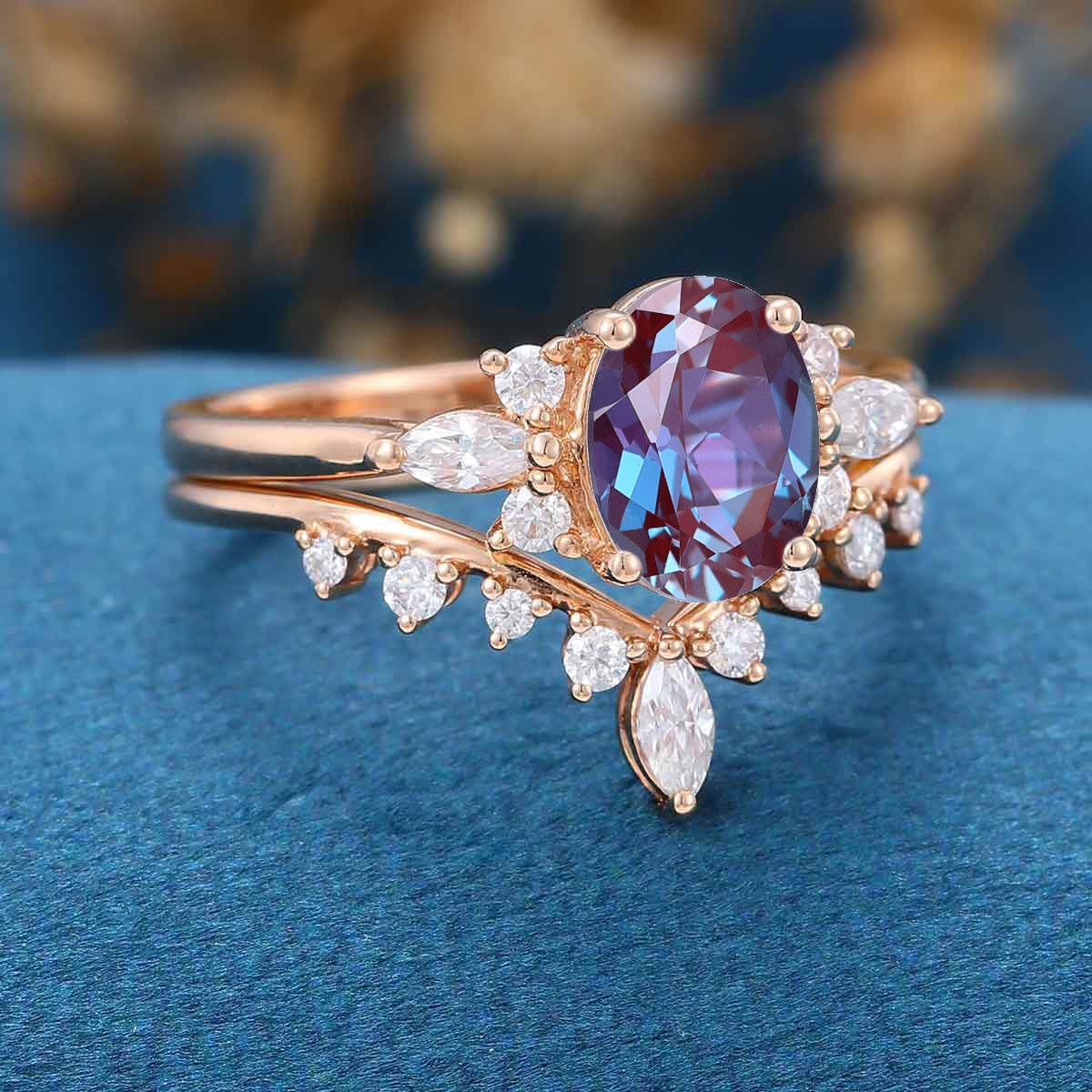 Oval cut Lab Alexandrite | Diamond ring set - Image 5