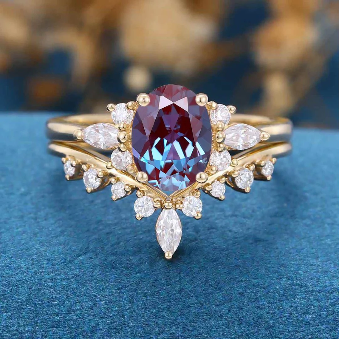 Oval cut Lab Alexandrite | Diamond ring set - Image 6