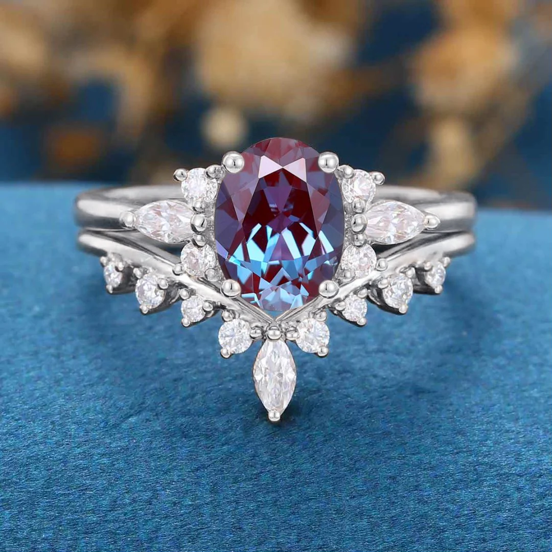 Oval cut Lab Alexandrite | Diamond ring set - Image 8
