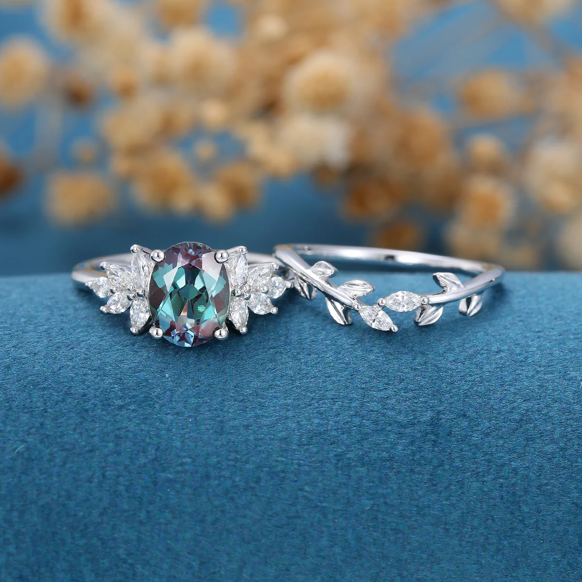 1.5Carat Oval Lab Alexandrite Cluster Engagement Ring Bridal Set - Image 3