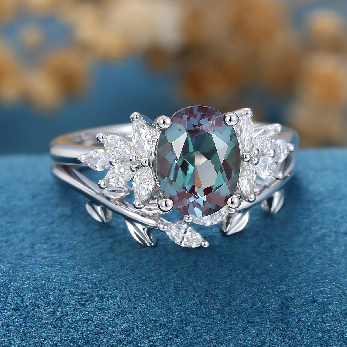 1.5Carat Oval Lab Alexandrite Cluster Engagement Ring Bridal Set - Image 4