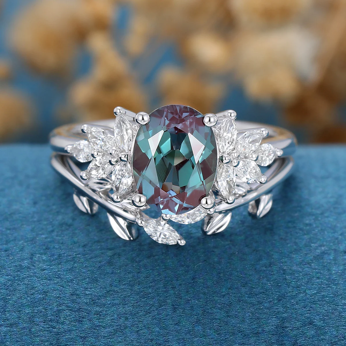 1.5Carat Oval Lab Alexandrite Cluster Engagement Ring Bridal Set - Image 5