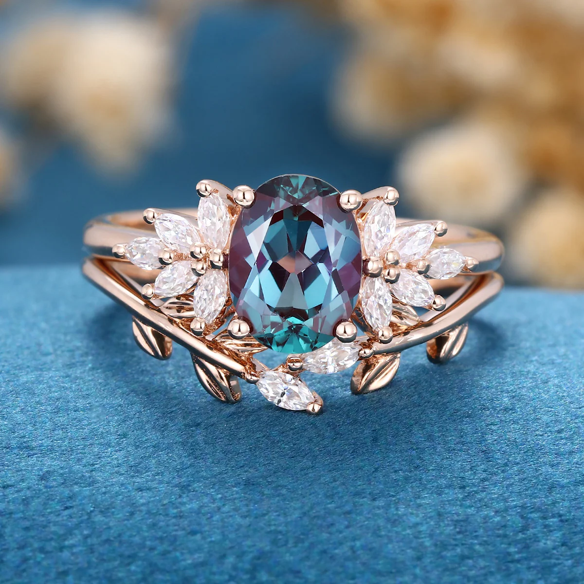 1.5Carat Oval Lab Alexandrite Cluster Engagement Ring Bridal Set - Image 6