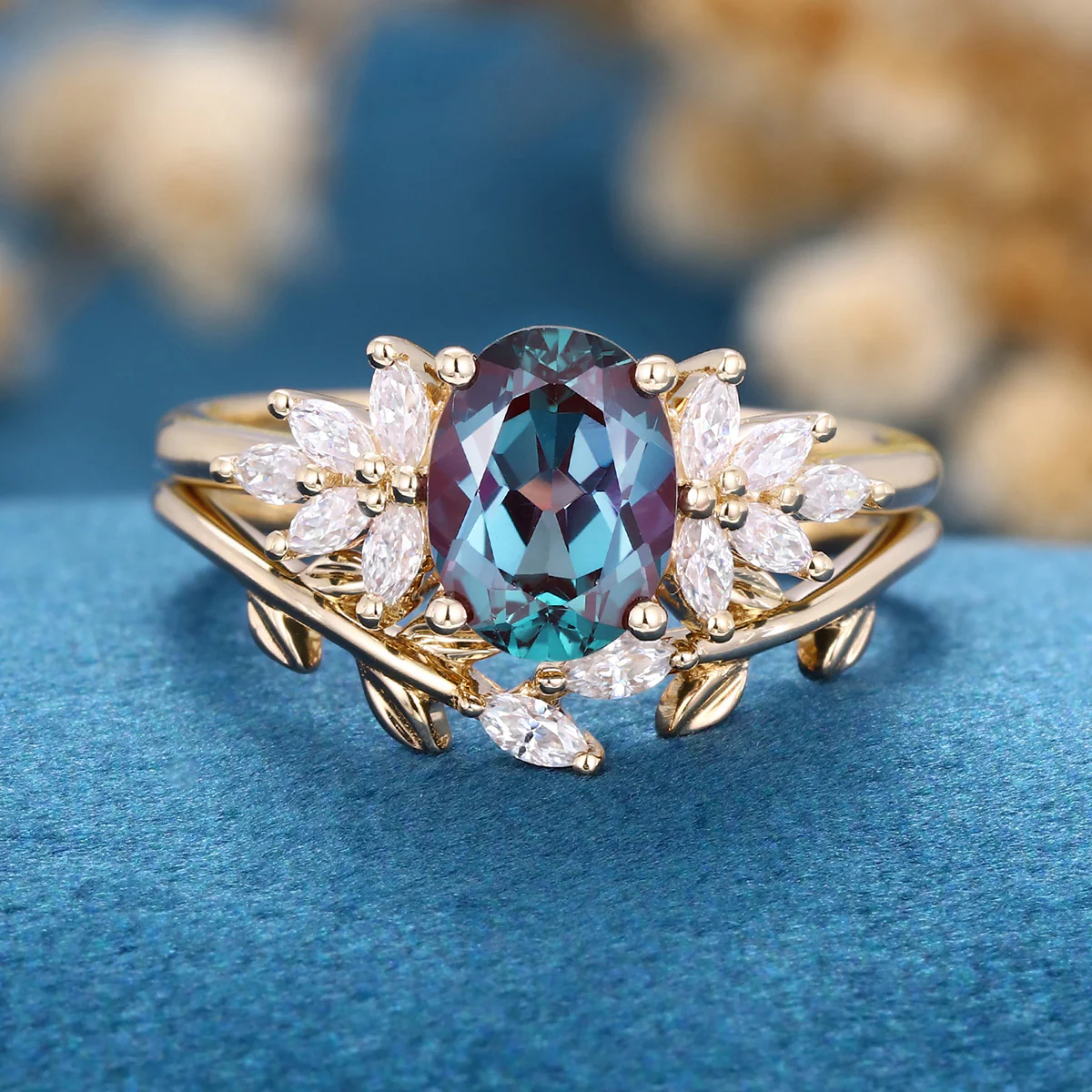 1.5Carat Oval Lab Alexandrite Cluster Engagement Ring Bridal Set - Image 7