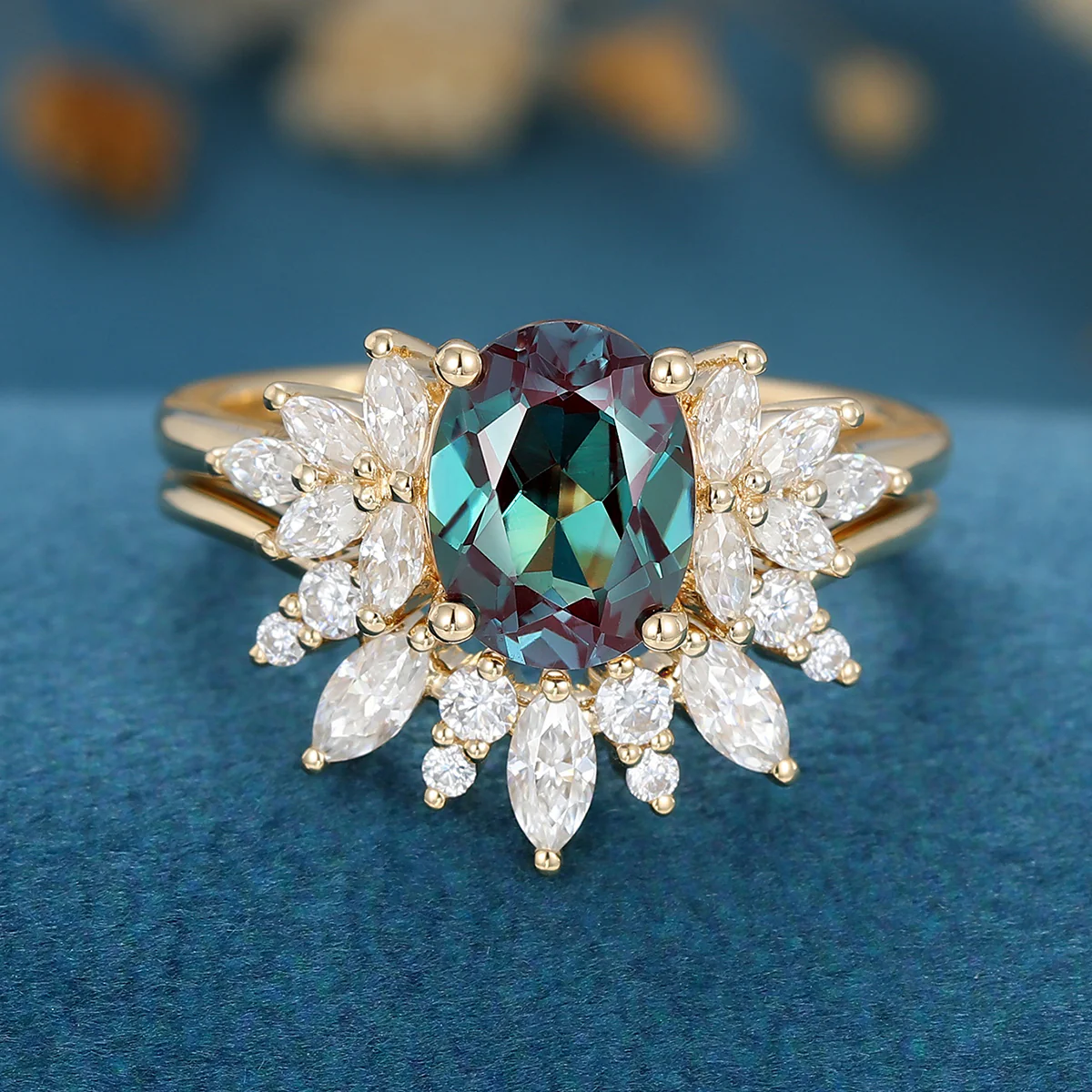 1.5Carat Oval Alexandrite Cluster Engagement ring Bridal Set - Image 4