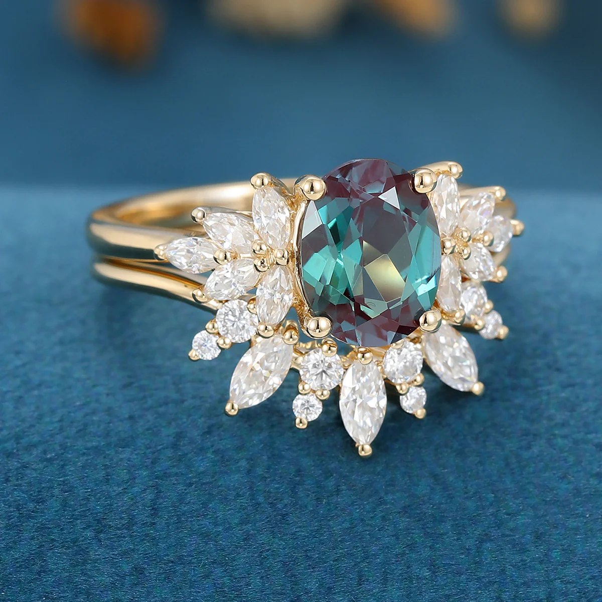 1.5Carat Oval Alexandrite Cluster Engagement ring Bridal Set - Image 5