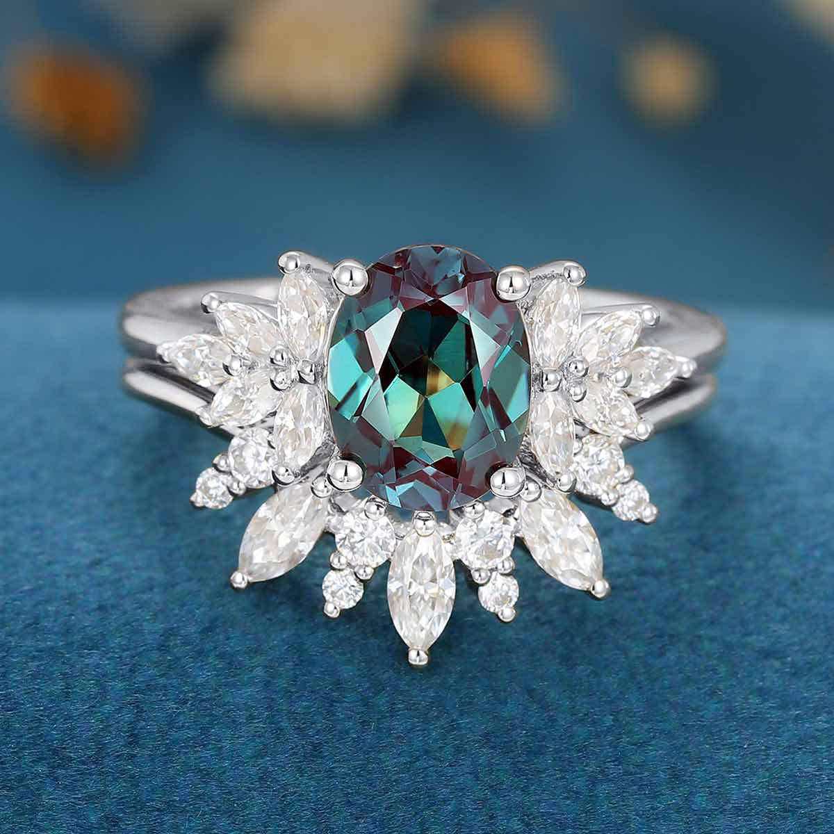 1.5Carat Oval Alexandrite Cluster Engagement ring Bridal Set - Image 7