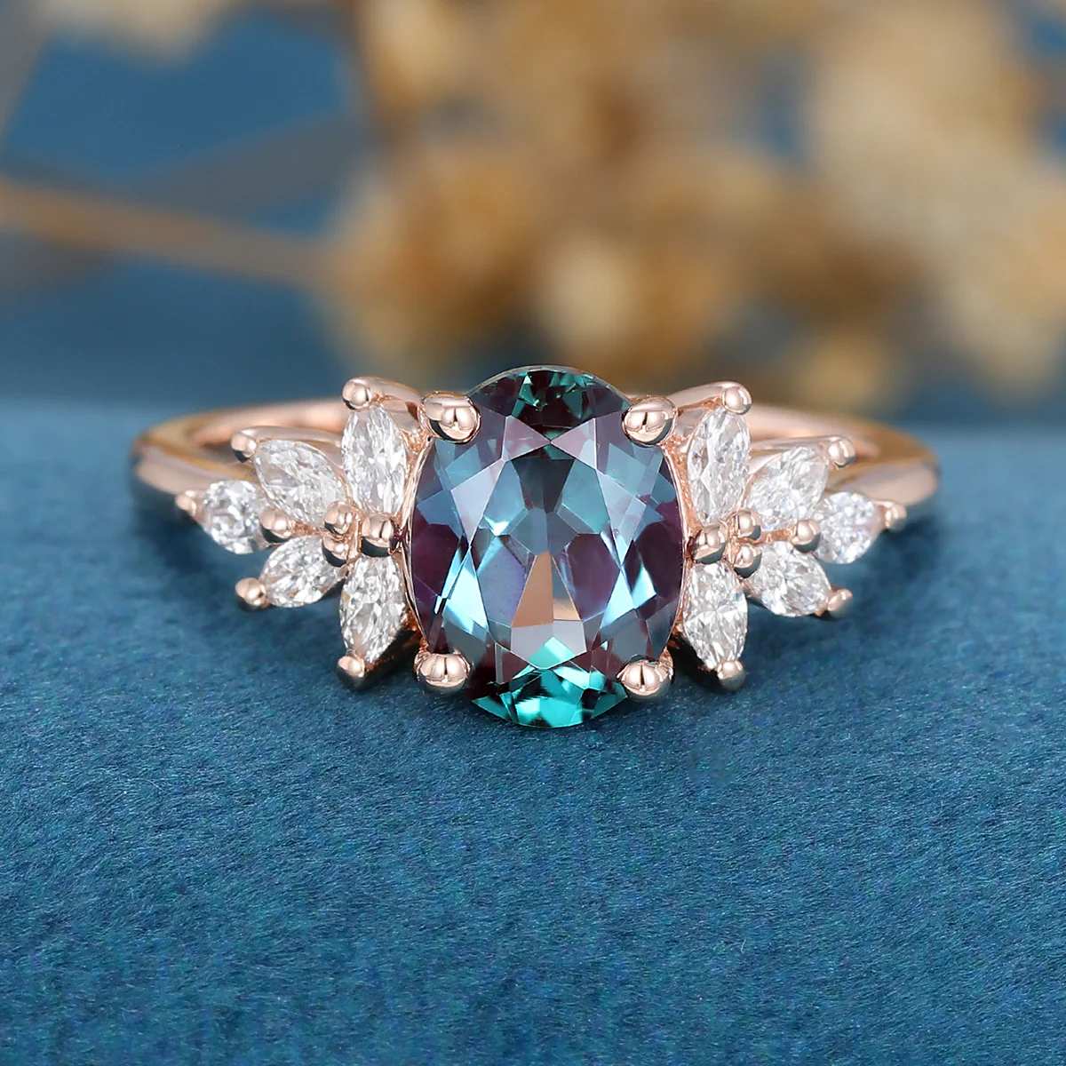 Oval Lab Alexandrite Cluster Engagement ring - Image 9