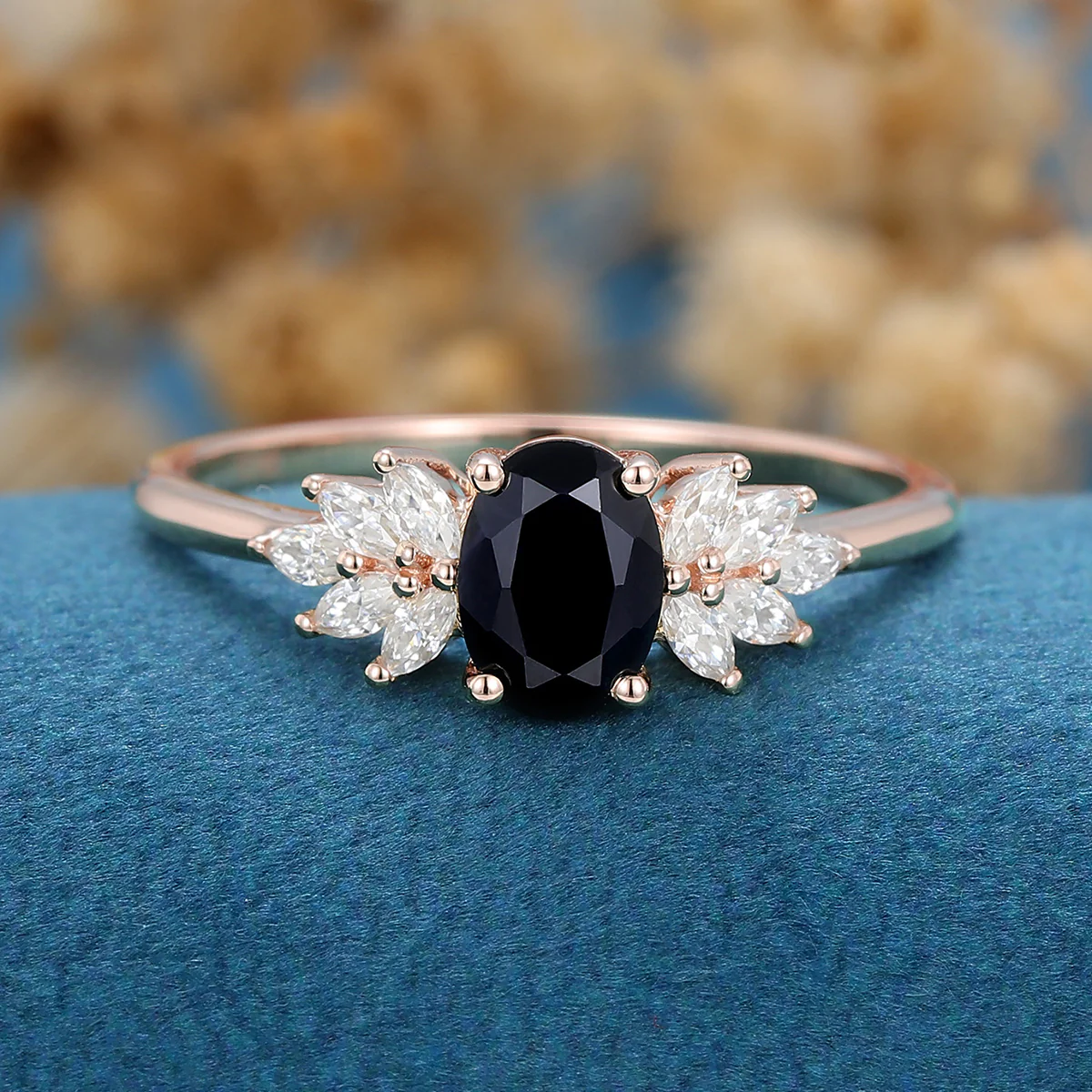1.0Carat Oval cut Black Onyx Cluster Engagement ring - Image 10