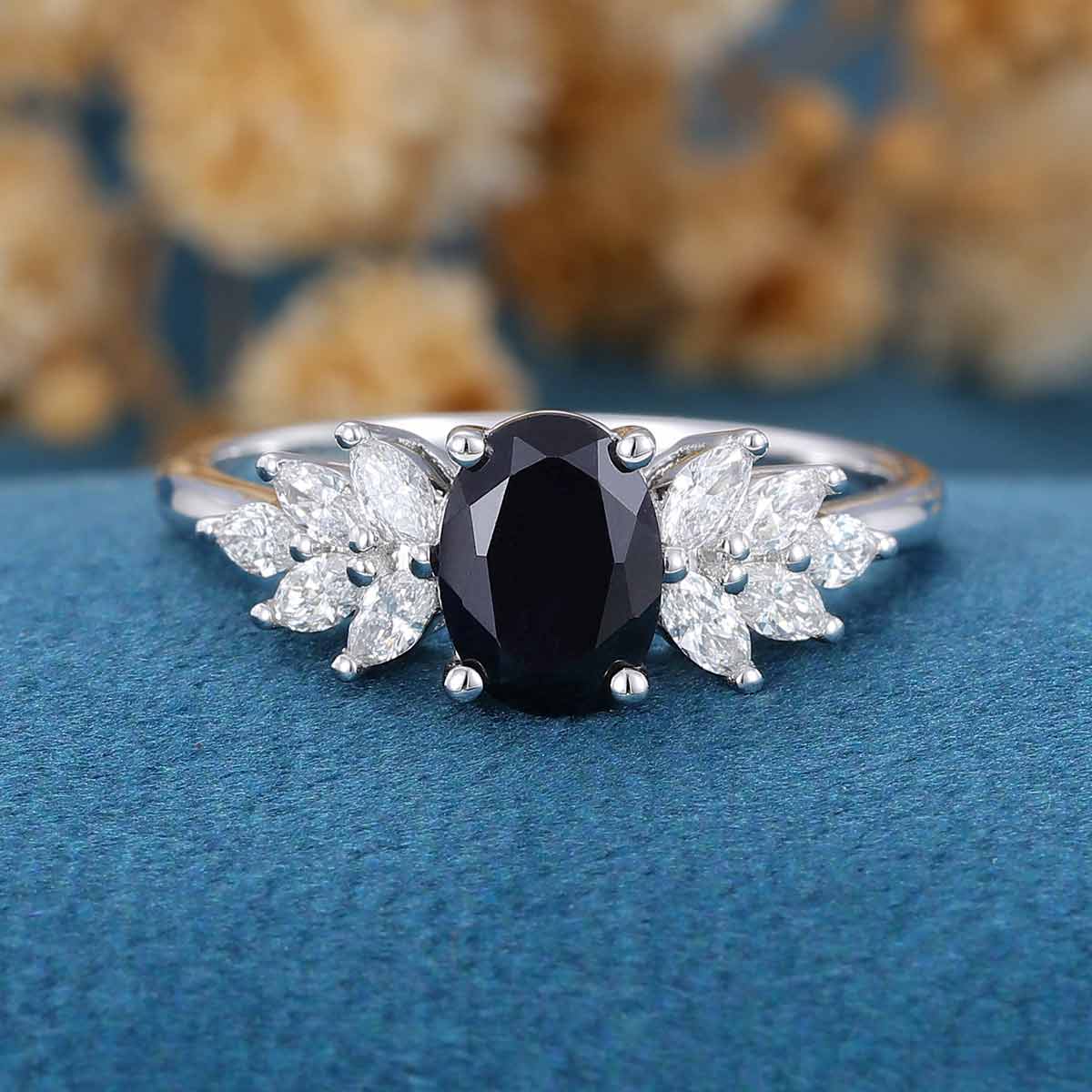1.0Carat Oval cut Black Onyx Cluster Engagement ring - Image 9
