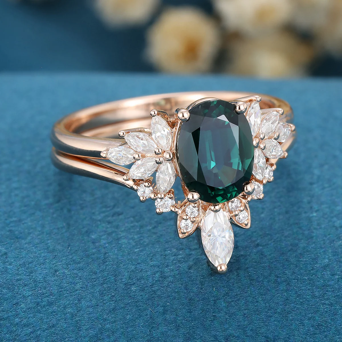 Oval Blue-Green Sapphire Cluster Engagement ring Bridal Set - Image 5