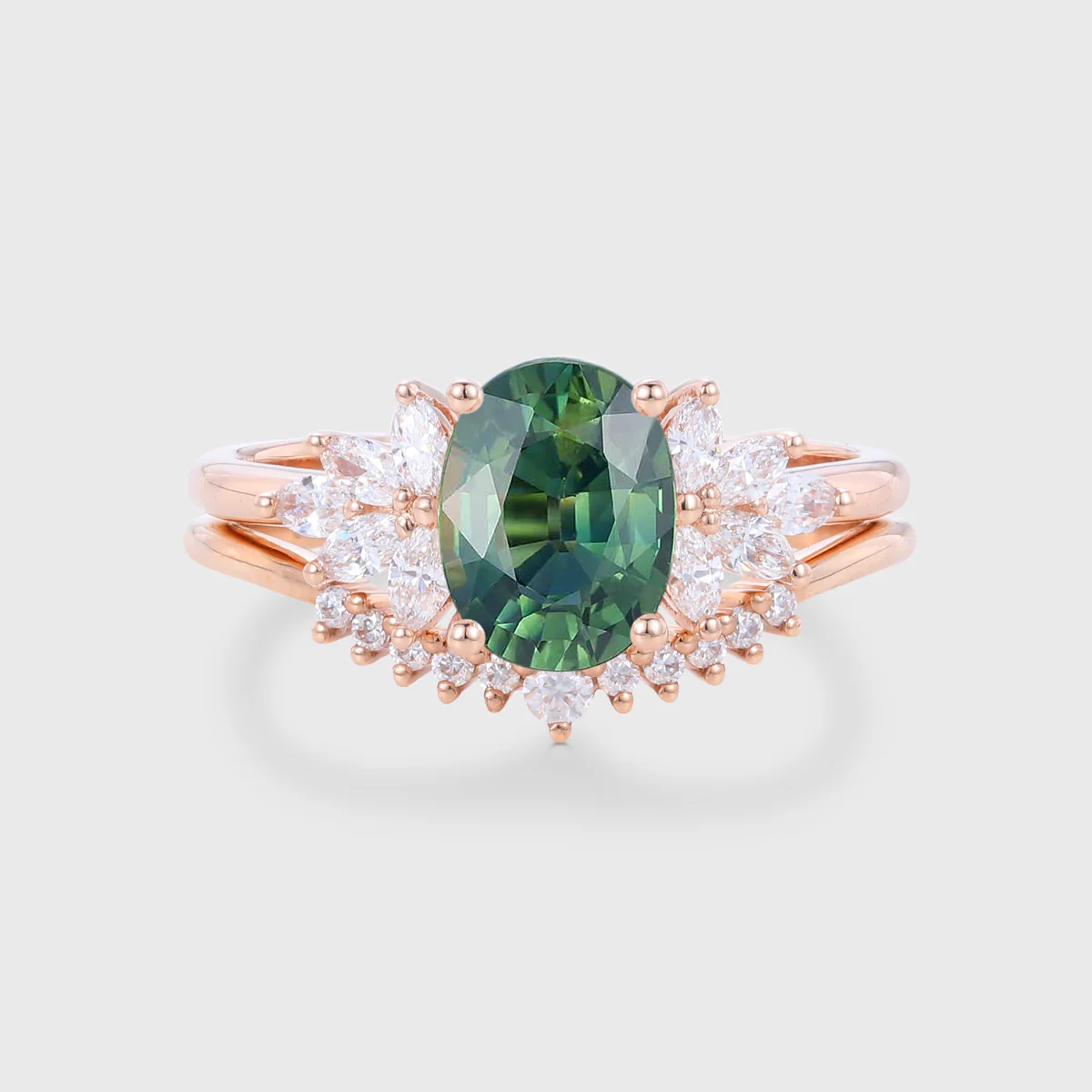 Oval cut Blue Green Sapphire Cluster Engagement ring Bridal Set