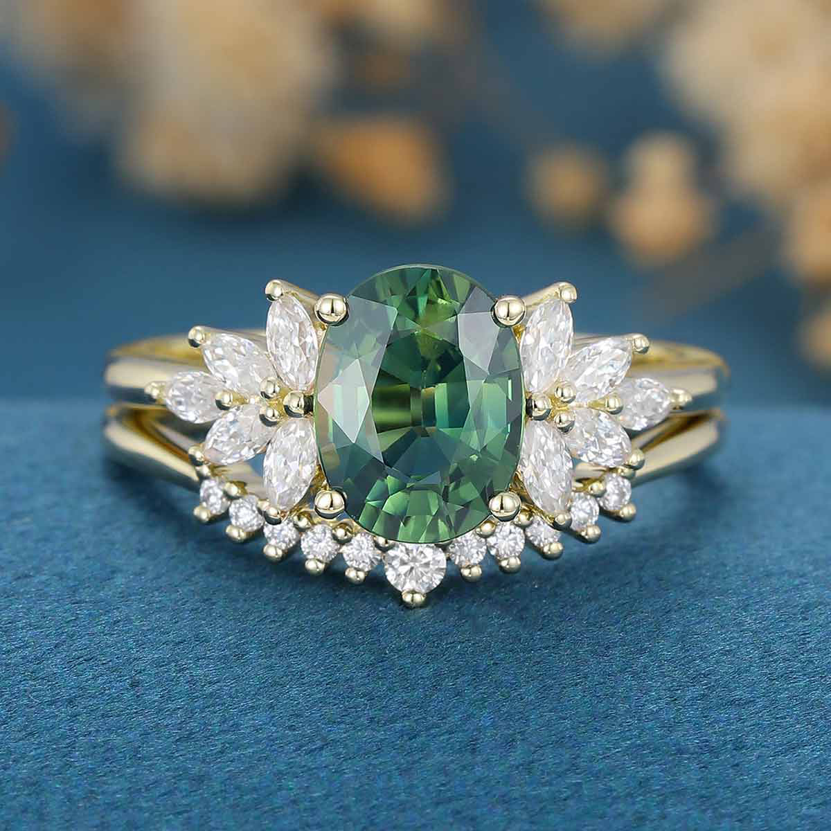 Oval cut Blue Green Sapphire Cluster Engagement ring Bridal Set - Image 6