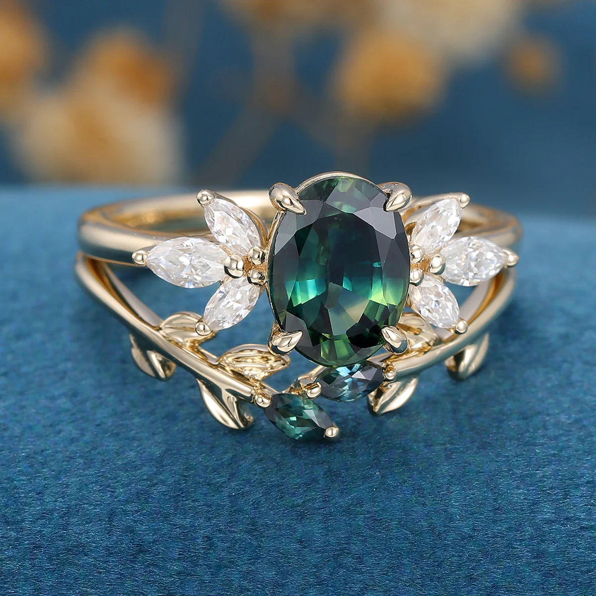 Oval cut Blue-Green Sapphire Engagement ring Bridal Set - Image 5