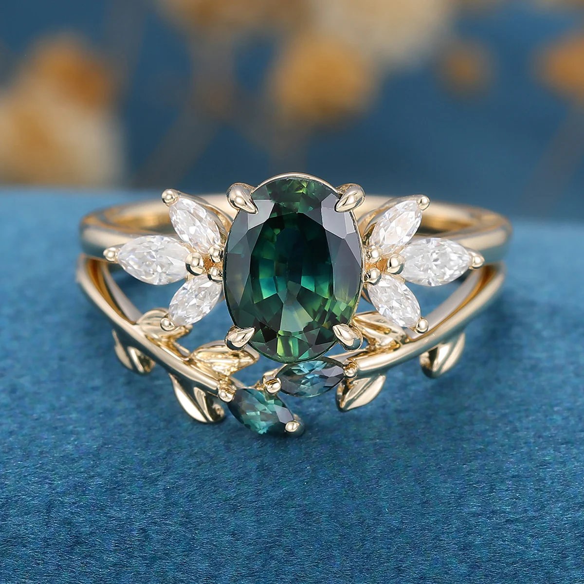 Oval cut Blue-Green Sapphire Engagement ring Bridal Set - Image 6
