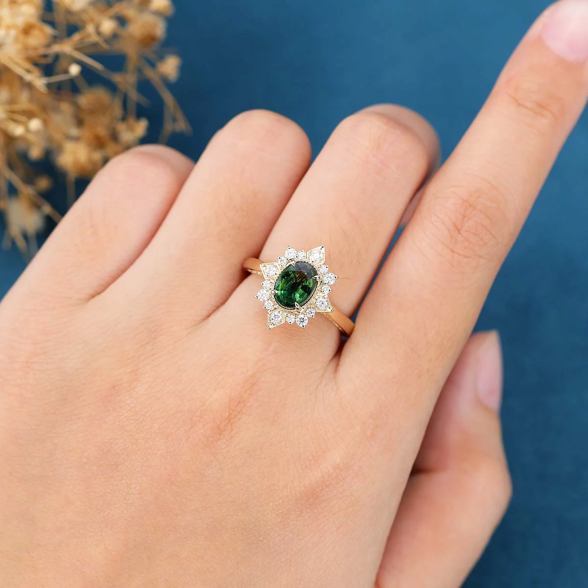 Oval cut Blue Green Sapphire Halo Moissanite | Diamonds Engagement ring - Image 2