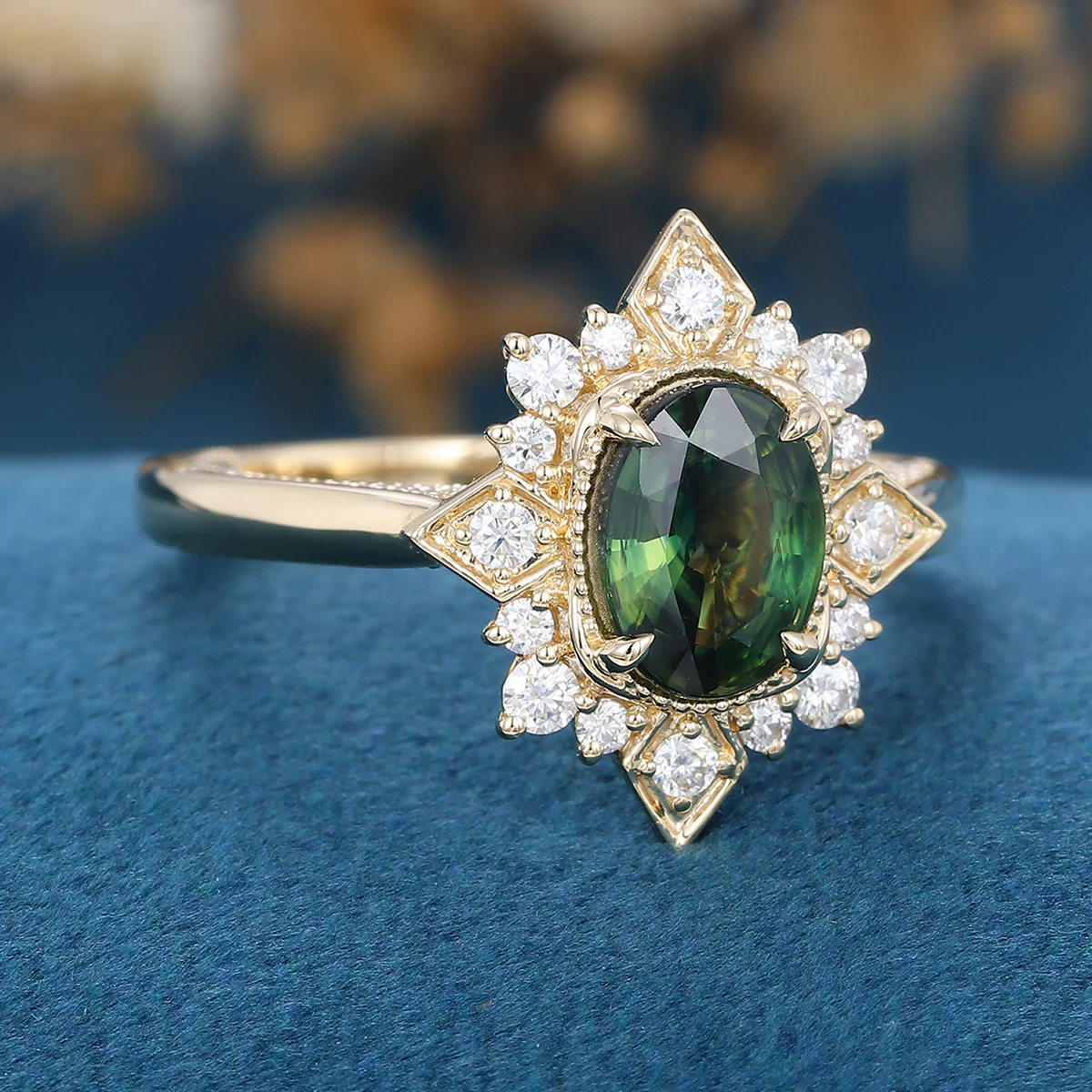 Oval cut Blue Green Sapphire Halo Moissanite | Diamonds Engagement ring - Image 4