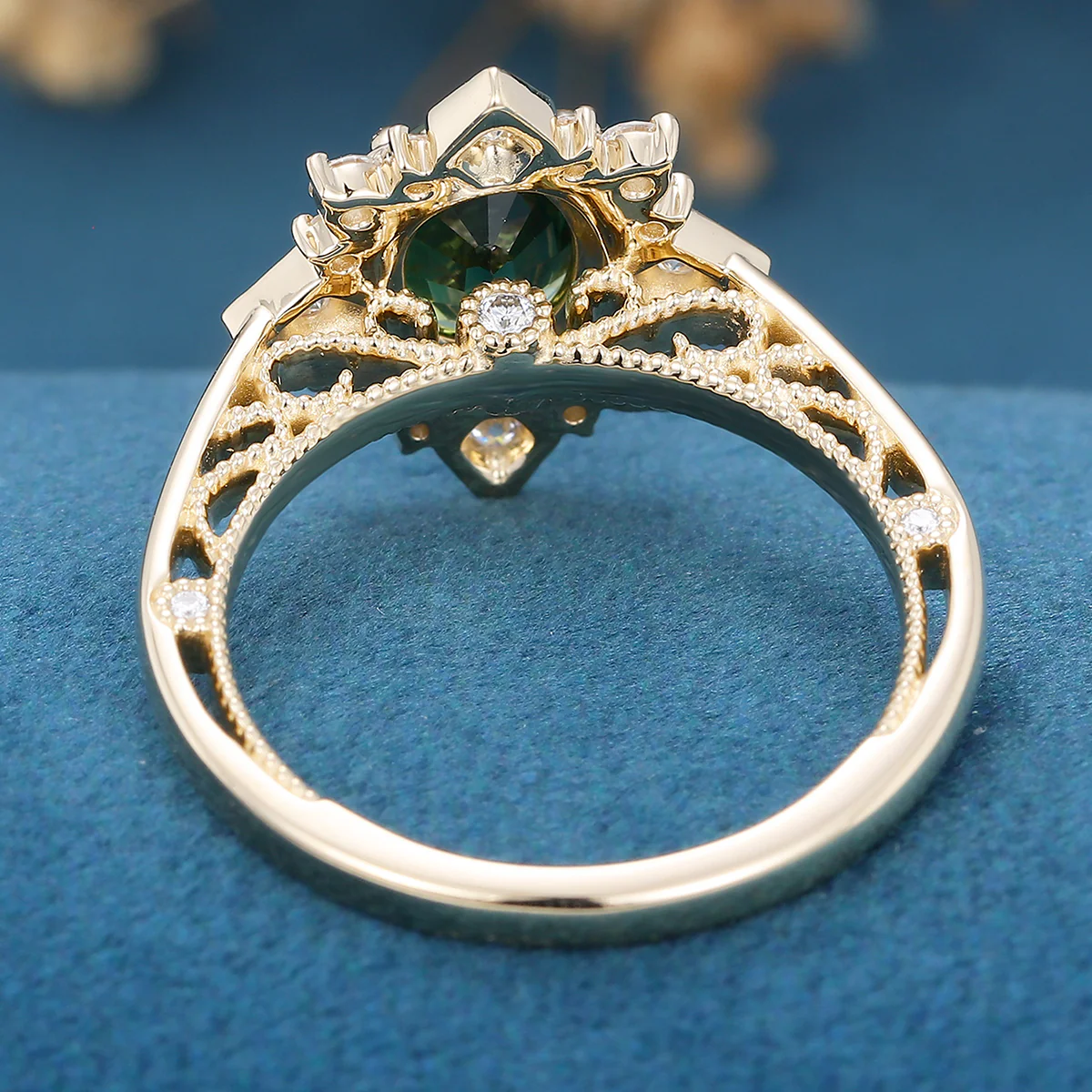 Oval cut Blue Green Sapphire Halo Moissanite | Diamonds Engagement ring - Image 5