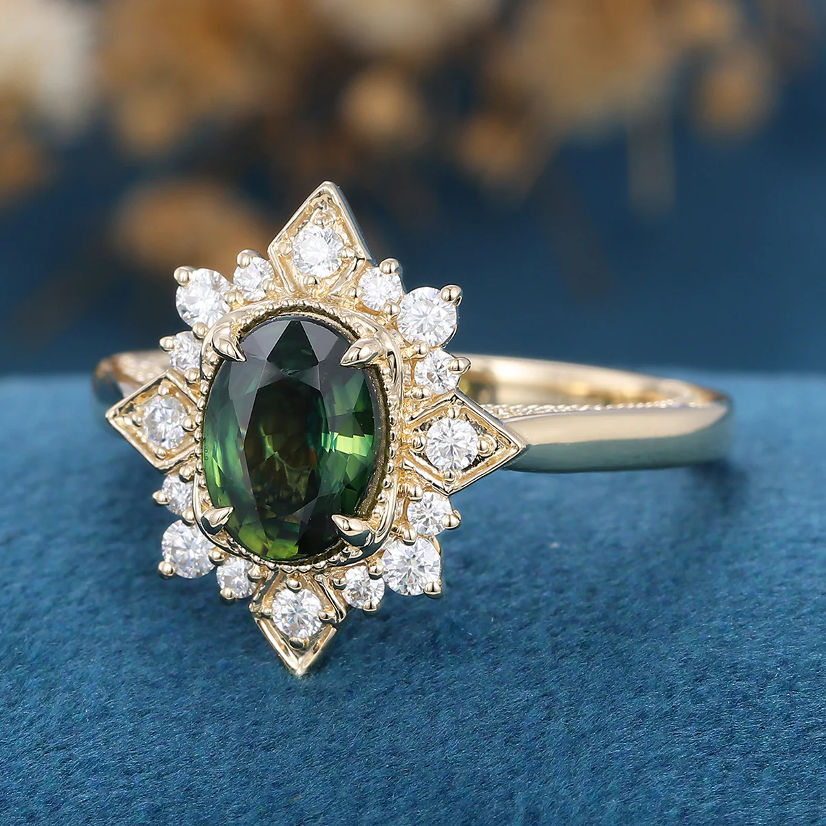 Oval cut Blue Green Sapphire Halo Moissanite | Diamonds Engagement ring - Image 6