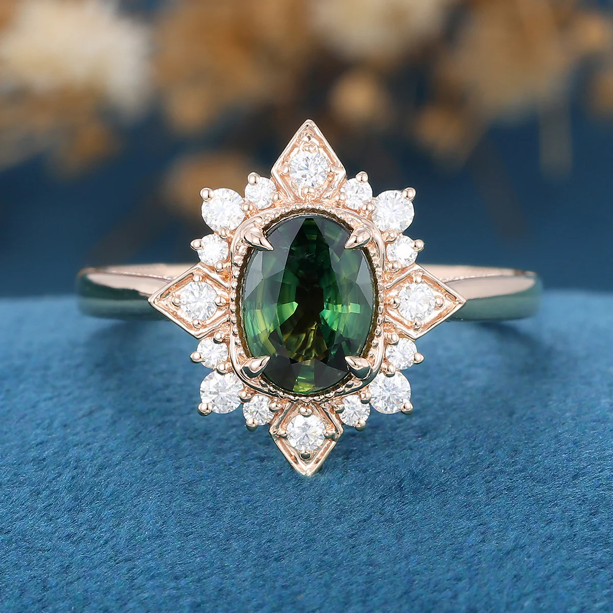 Oval cut Blue Green Sapphire Halo Moissanite | Diamonds Engagement ring - Image 8
