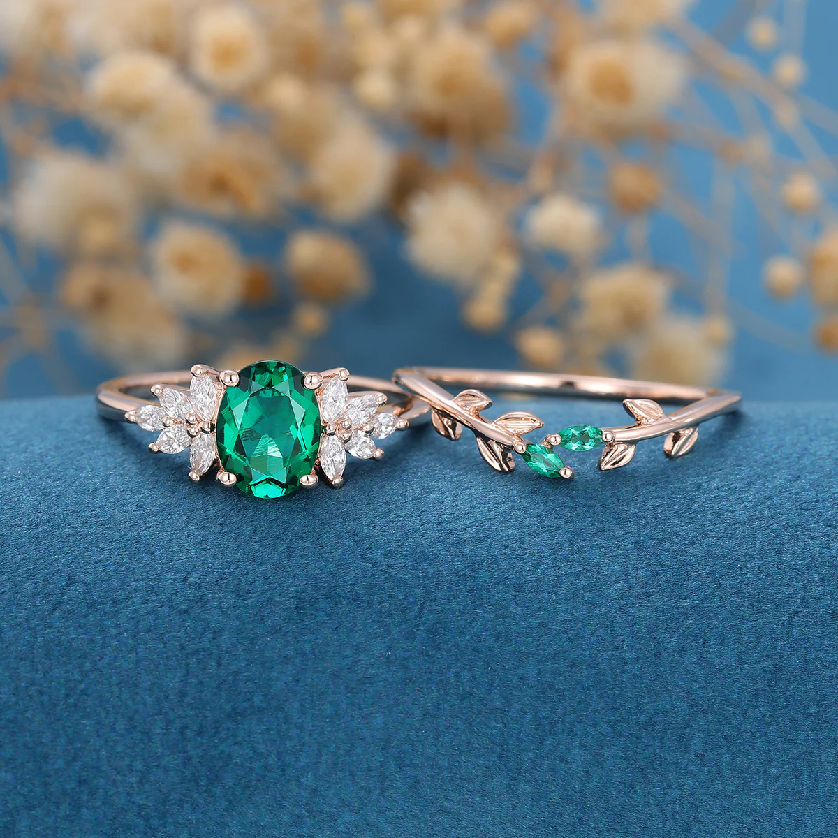 Oval cut Emerald Cluster Engagement ring Bridal Set - Image 3
