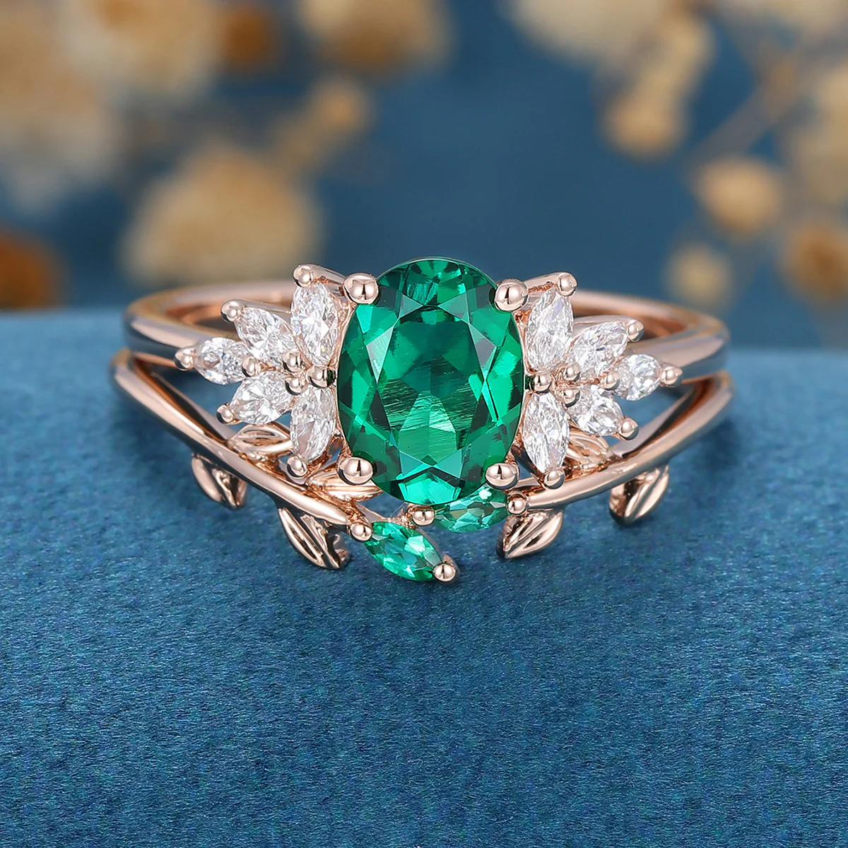 Oval cut Emerald Cluster Engagement ring Bridal Set - Image 4