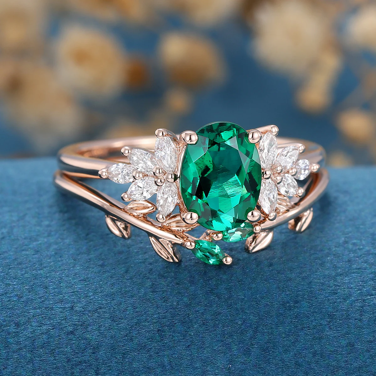Oval cut Emerald Cluster Engagement ring Bridal Set - Image 5