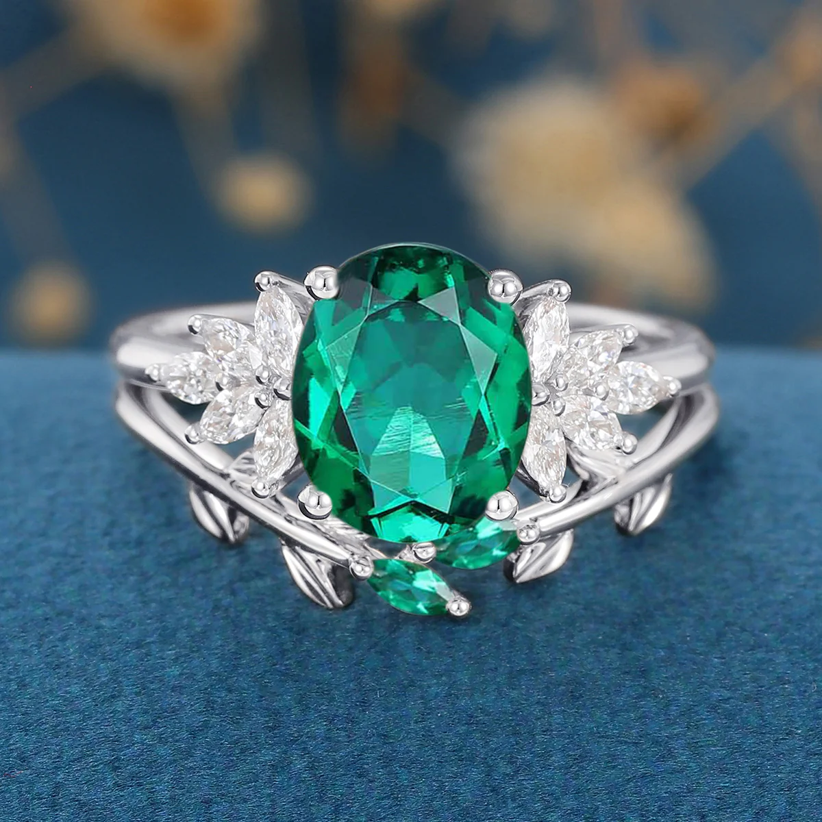 Oval cut Emerald Cluster Engagement ring Bridal Set - Image 6