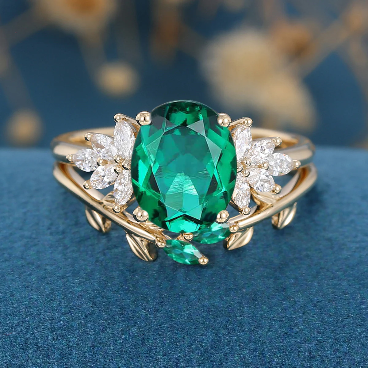 Oval cut Emerald Cluster Engagement ring Bridal Set - Image 7
