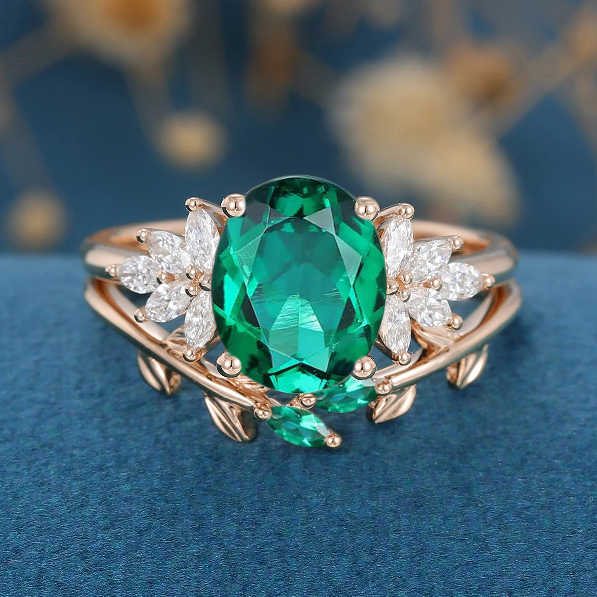 Oval cut Emerald Cluster Engagement ring Bridal Set - Image 8
