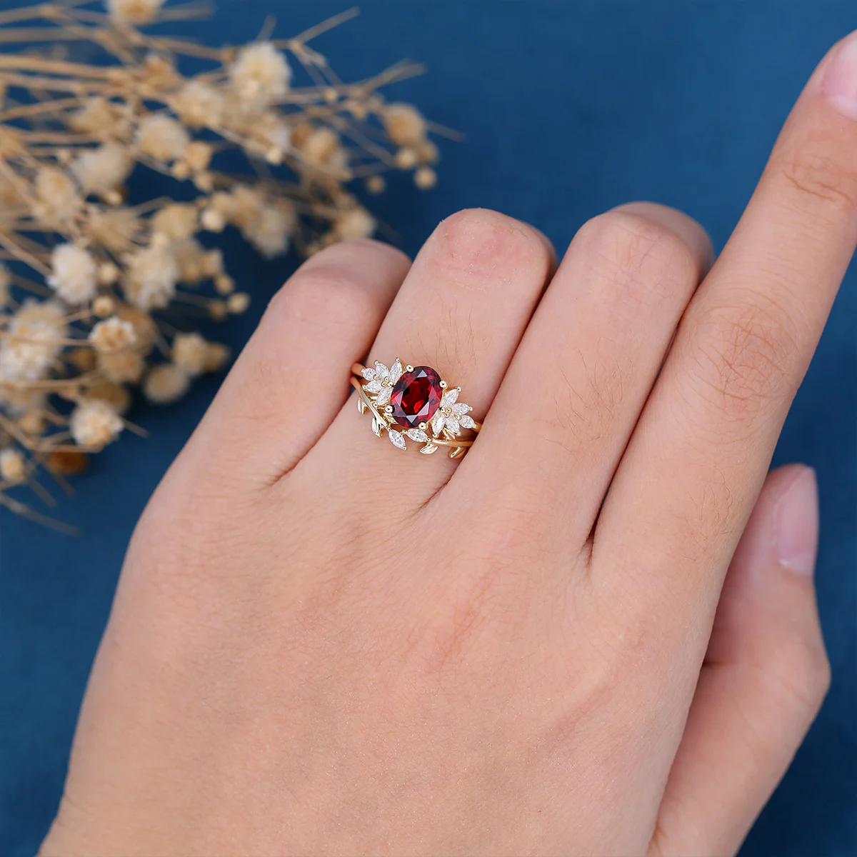Oval cut garnet Cluster Engagement ring Bridal Set - Image 2