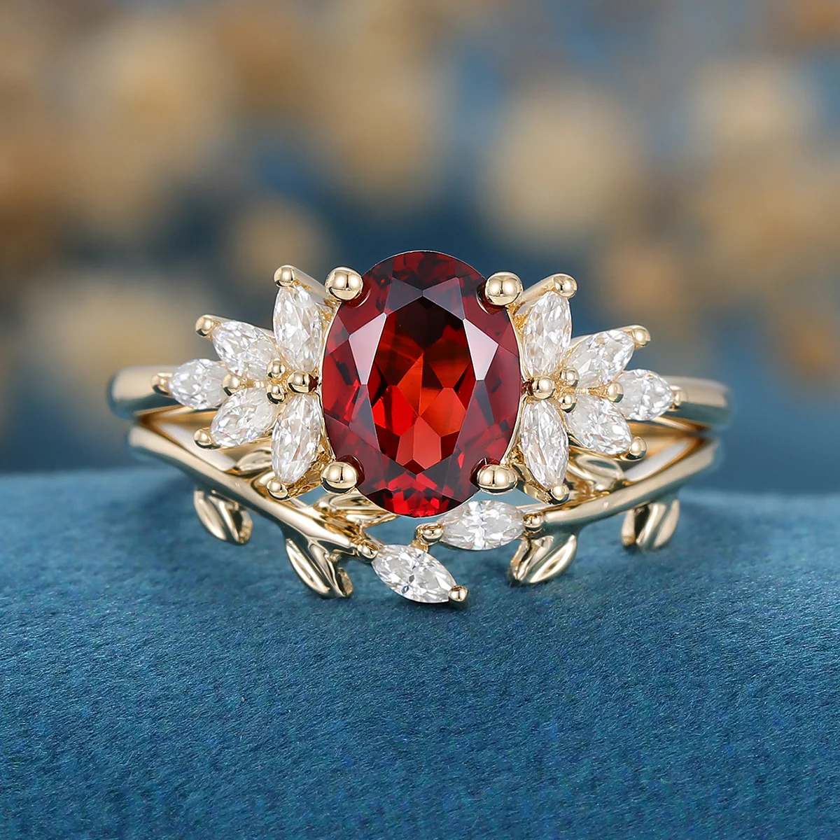 Oval cut garnet Cluster Engagement ring Bridal Set - Image 3