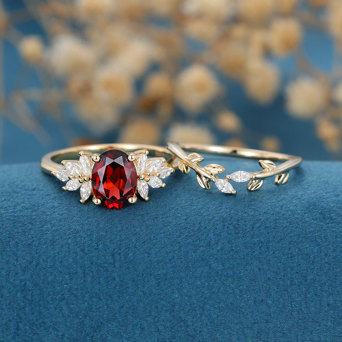 Oval cut garnet Cluster Engagement ring Bridal Set - Image 4