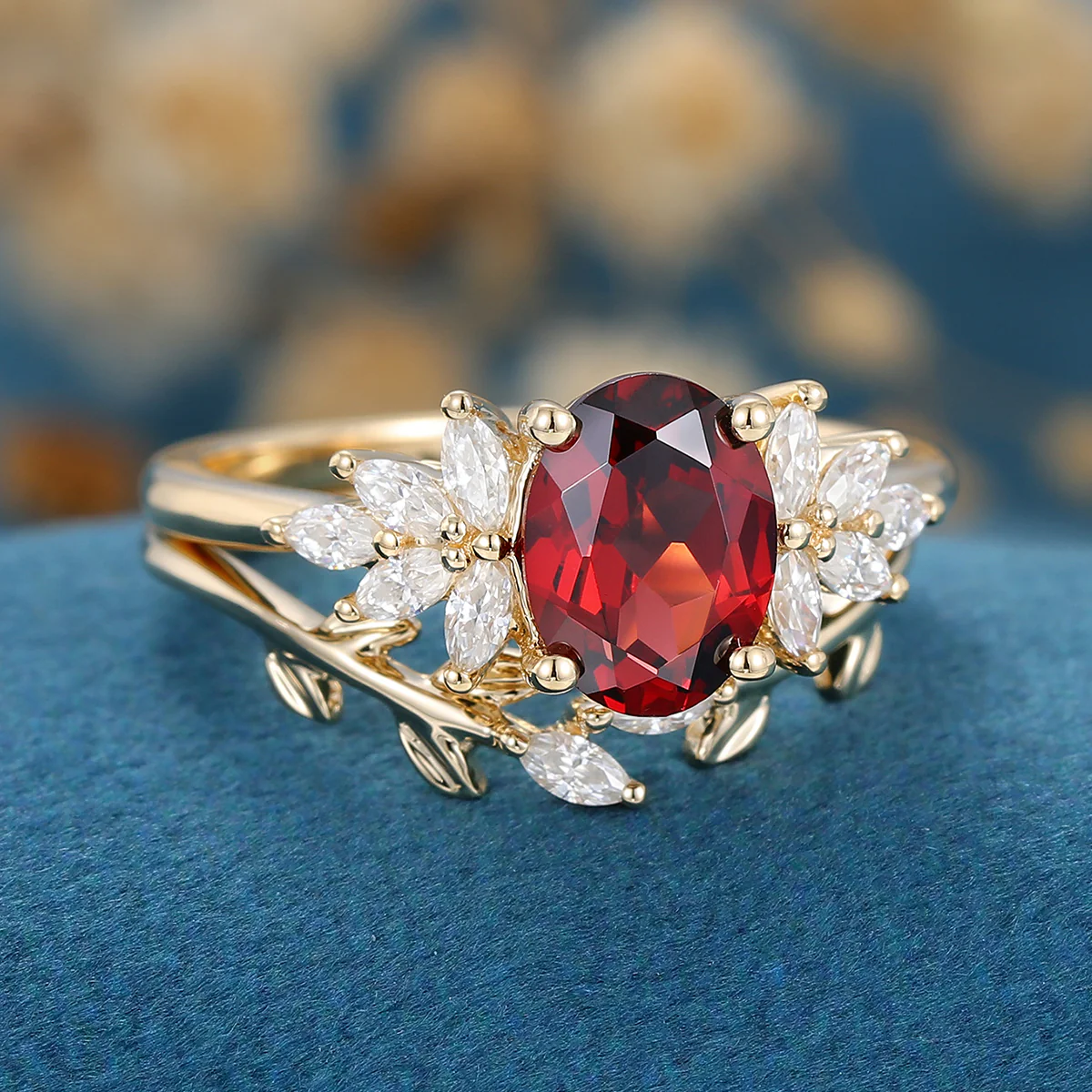 Oval cut garnet Cluster Engagement ring Bridal Set - Image 5