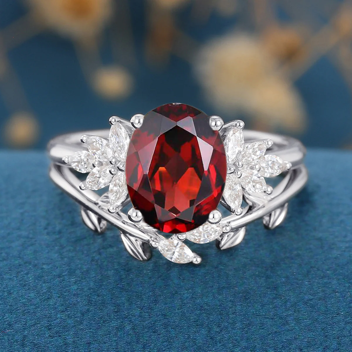Oval cut garnet Cluster Engagement ring Bridal Set - Image 6