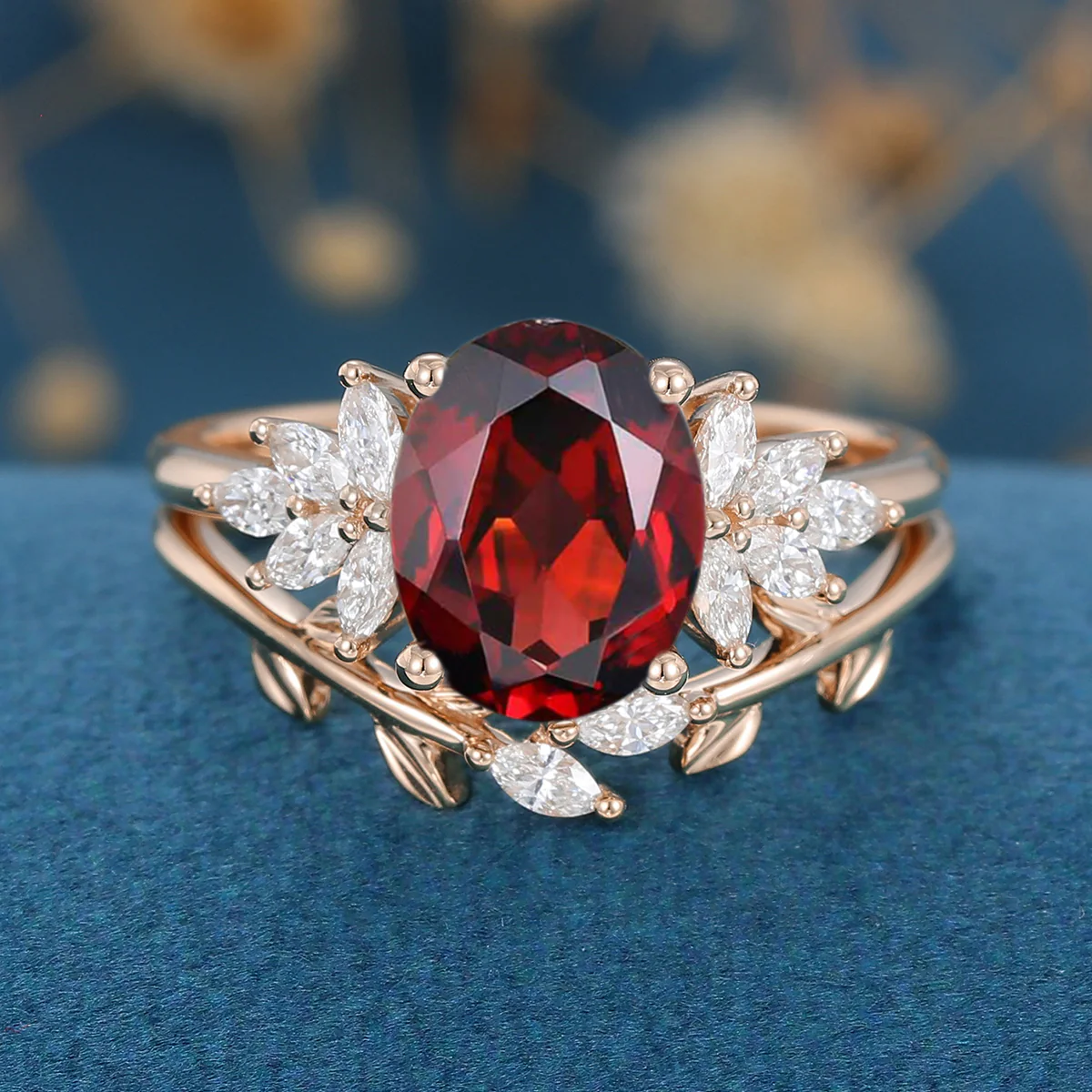 Oval cut garnet Cluster Engagement ring Bridal Set - Image 7