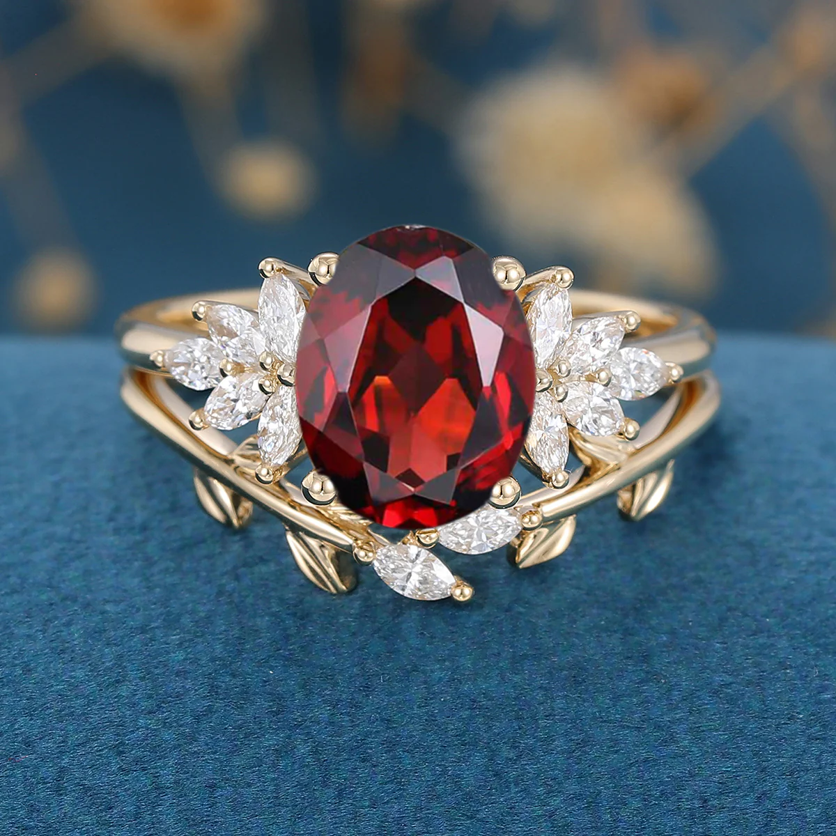 Oval cut garnet Cluster Engagement ring Bridal Set - Image 8
