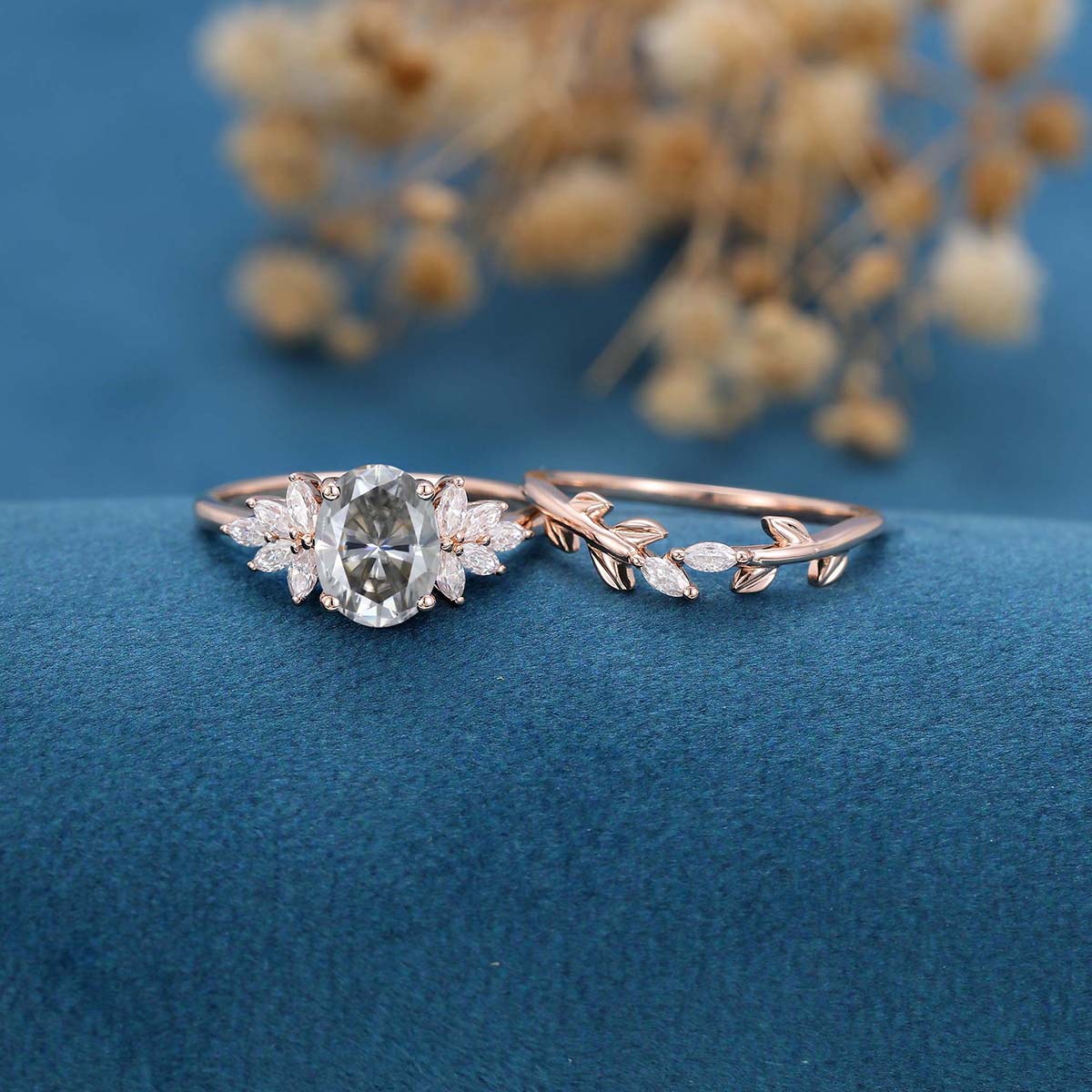 Oval cut Gray Moissanite Cluster Engagement ring Bridal Set - Image 3