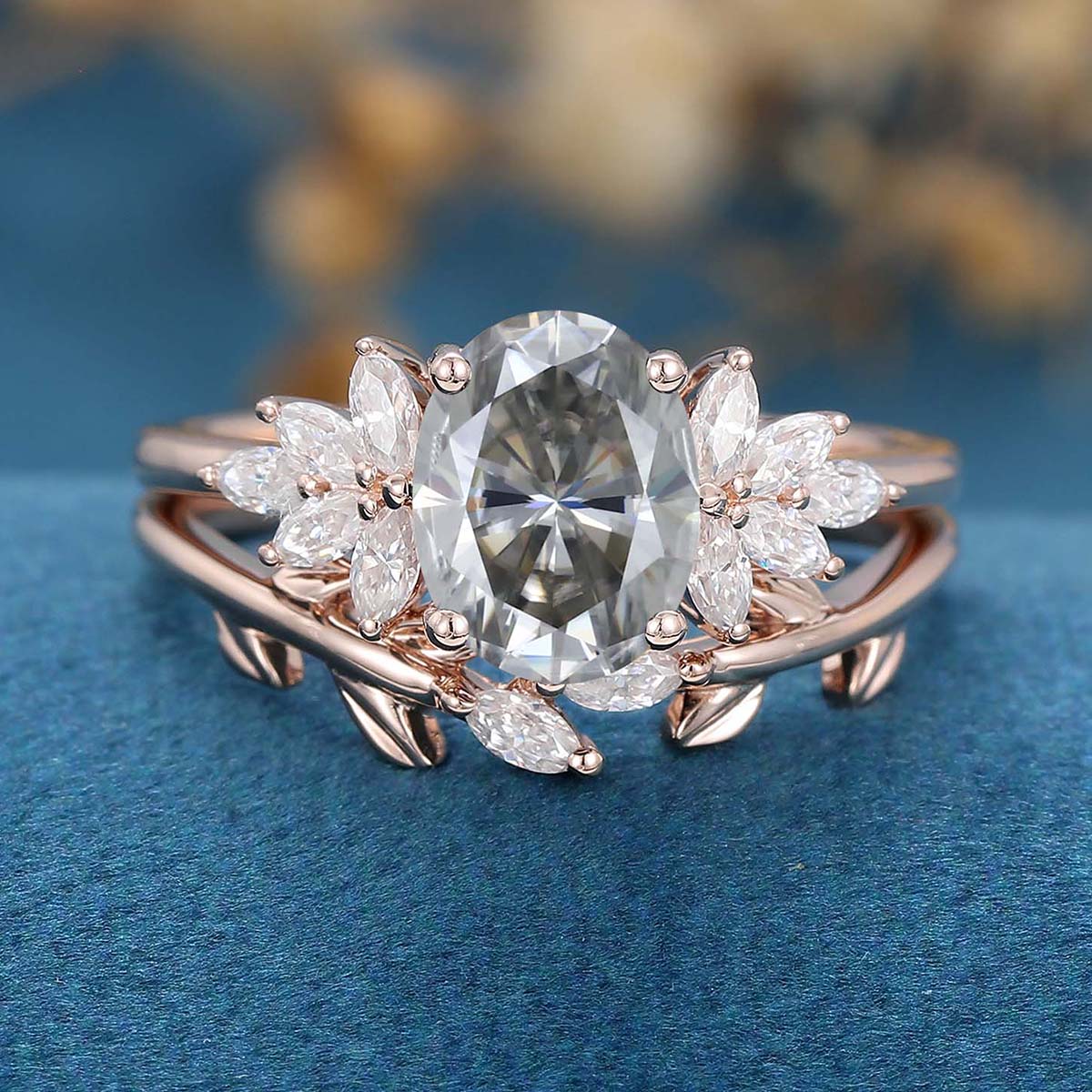 Oval cut Gray Moissanite Cluster Engagement ring Bridal Set - Image 4