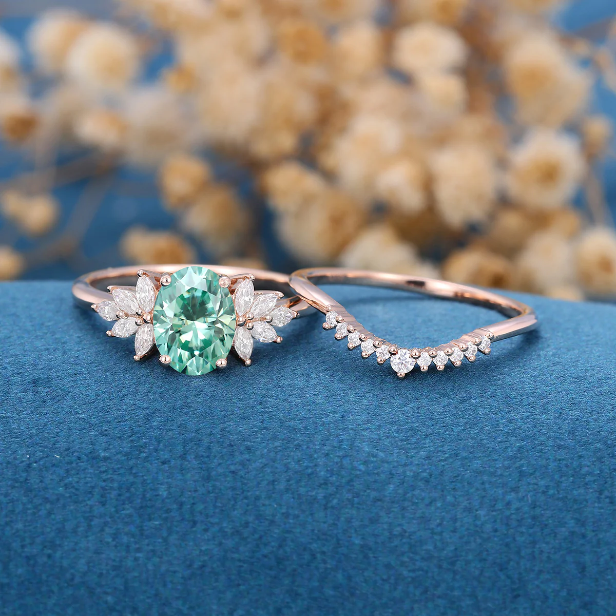 1.5Carat Oval cut Green Moissanite Engagement ring Bridal Set - Image 3
