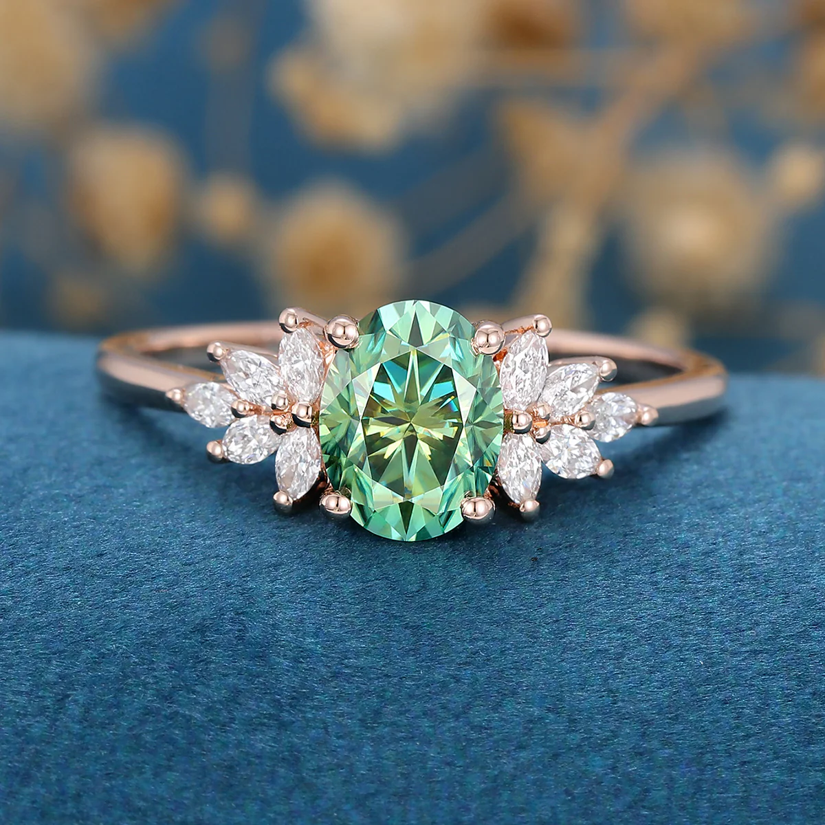 Oval cut Green Moissanite Cluster Engagement Ring - Image 3