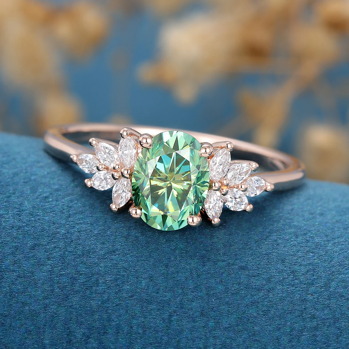 Oval cut Green Moissanite Cluster Engagement Ring - Image 4