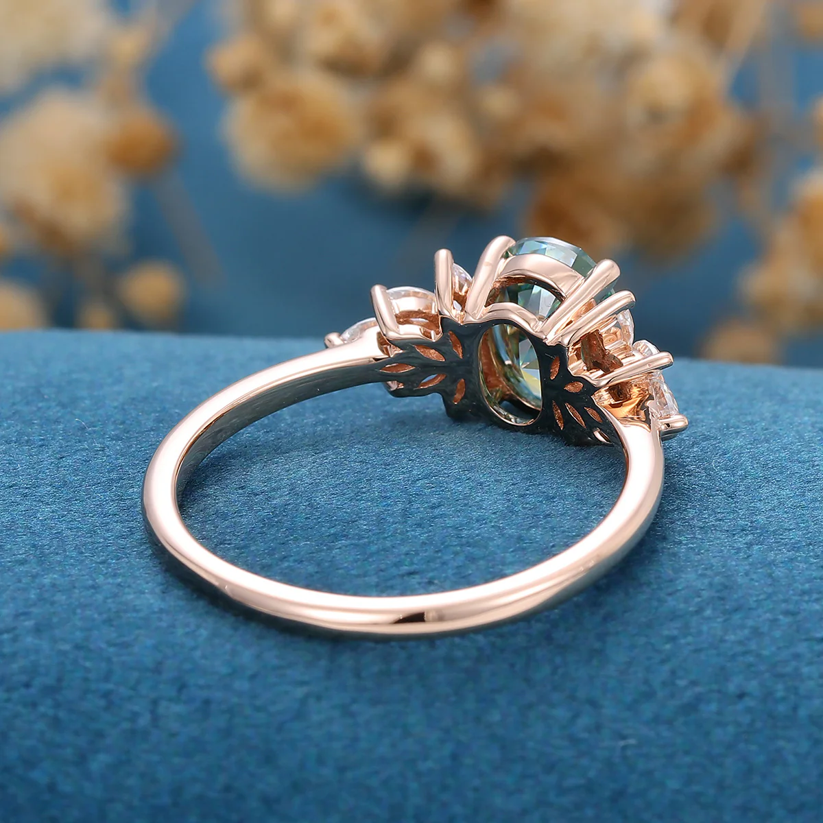 Oval cut Green Moissanite Cluster Engagement Ring - Image 5